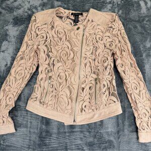 INC Womens Small Lace Jacket Beige Floral Long Sleeve Full Zip